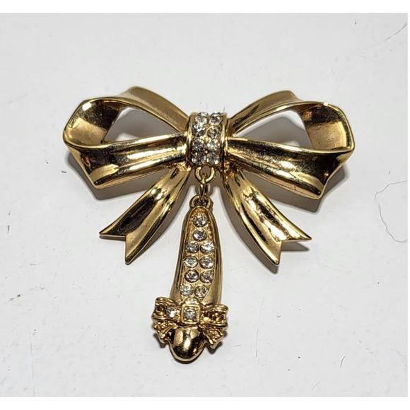 JJ Jonette Gold tone Ribbon Rhinestone Ballet Slipper Vintage Signed Brooch - Picture 1 of 7